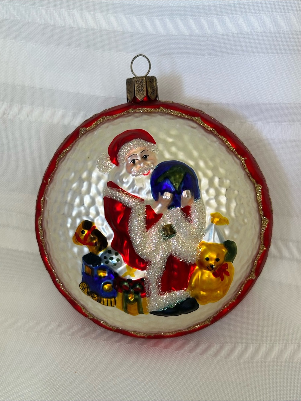 Vintage HandBlown Glass HandPainted Waterford Christmas Ornament Santa Red Gold